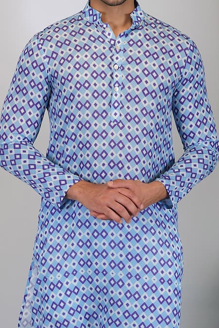 Shop_Eleven Brothers_Blue Silk, Cotton Diamond Tile Print Kurta And Pant Set _Online_at_Aza_Fashions