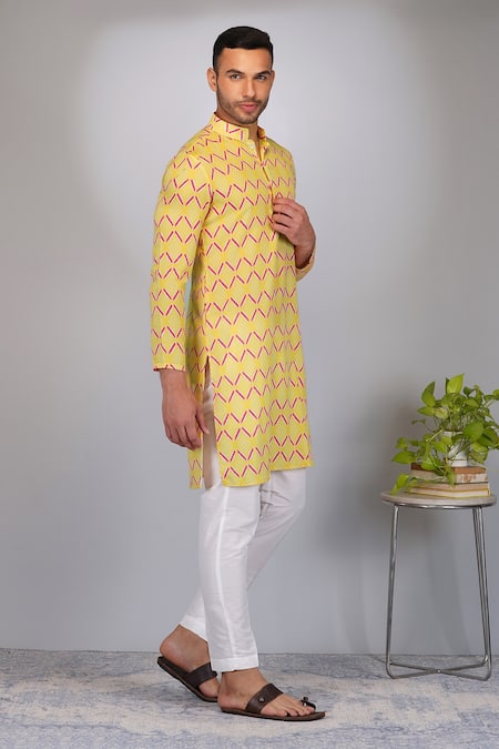 Eleven Brothers_Yellow Silk, Cotton Diamonds Print Kurta And Pant Set _Online_at_Aza_Fashions