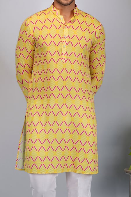 Buy_Eleven Brothers_Yellow Silk, Cotton Diamonds Print Kurta And Pant Set _Online_at_Aza_Fashions