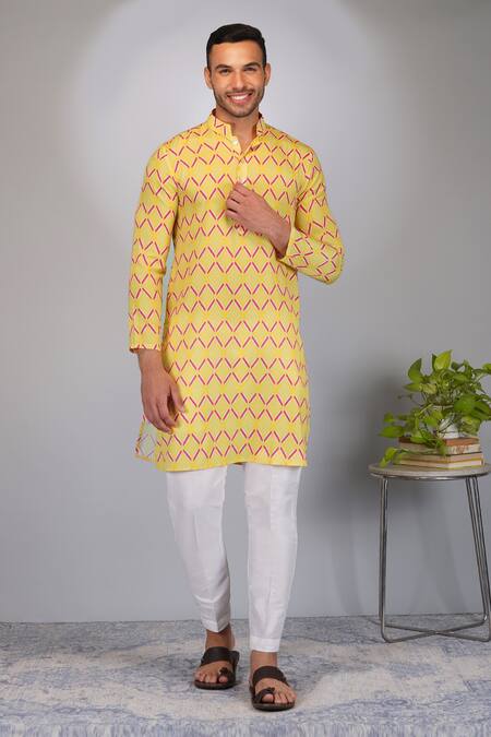 Shop_Eleven Brothers_Yellow Silk, Cotton Diamonds Print Kurta And Pant Set _Online_at_Aza_Fashions
