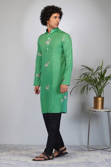 Eleven Brothers Green Silk, Cotton Zebra Print Kurta And Pant Set Online at Aza Fashions Eleven Brothers_Green Silk, Cotton Zebra Print Kurta And Pant Set _Online_at_Aza_Fashions