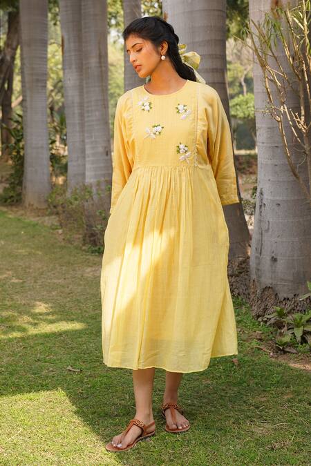 Dhaari_Yellow Handloom Cotton, Silk Embroidery, Pearls Round Neck Front Gathered Dress _Online_at_Aza_Fashions