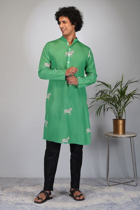 Shop Eleven Brothers Green Silk, Cotton Zebra Print Kurta And Pant Set Online at Aza Fashions Shop_Eleven Brothers_Green Silk, Cotton Zebra Print Kurta And Pant Set _Online_at_Aza_Fashions