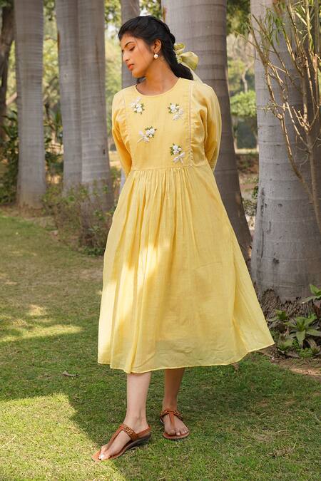 Buy_Dhaari_Yellow Handloom Cotton, Silk Embroidery, Pearls Round Neck Front Gathered Dress _Online_at_Aza_Fashions