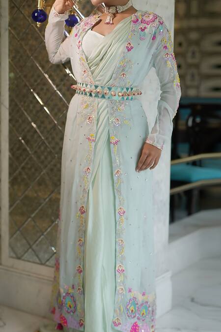 Buy_Xoxo Apurva_Blue Organza, Crepe, Satin Embroidery, Sequins, Gota Patti Jacket And Saree Set _Online_at_Aza_Fashions