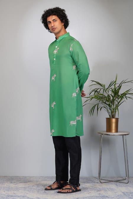 Eleven Brothers Green Silk, Cotton Zebra Print Kurta And Pant Set at Aza Fashions Eleven Brothers_Green Silk, Cotton Zebra Print Kurta And Pant Set _at_Aza_Fashions