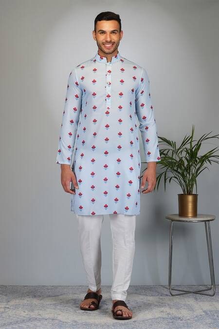 Eleven Brothers Blue Silk, Cotton Floral Bloom Print Kurta And Pant Set Online at Aza Fashions Eleven Brothers_Blue Silk, Cotton Floral Bloom Print Kurta And Pant Set _Online_at_Aza_Fashions