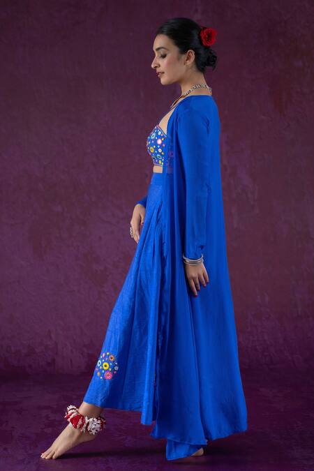 Buy Kacha Tanka Blue Dupion Art Silk Embroidery Threadwork Square Mirror And Crop Top Skirt Set Online at Aza Fashions Buy_Kacha Tanka_Blue Dupion Art Silk Embroidery Threadwork Square Mirror And Crop Top Skirt Set _Online_at_Aza_Fashions