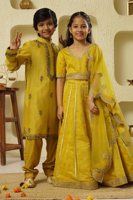 Rar Studio - Kids_Yellow Chanderi, Linen, Embellished Lehenga Set With Scalloped Border Dupatta_Online_at_Aza_Fashions