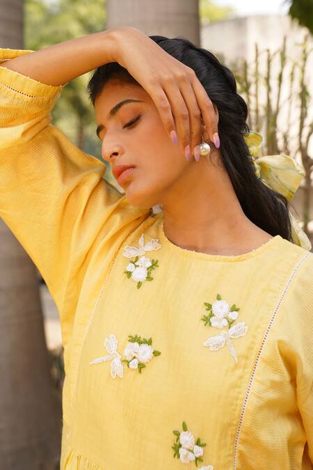 Shop_Dhaari_Yellow Handloom Cotton, Silk Embroidery, Pearls Round Neck Front Gathered Dress _Online_at_Aza_Fashions