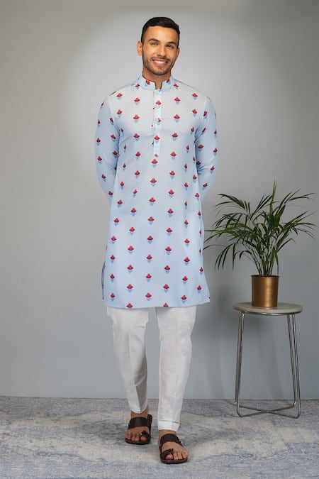 Shop Eleven Brothers Blue Silk, Cotton Floral Bloom Print Kurta And Pant Set Online at Aza Fashions Shop_Eleven Brothers_Blue Silk, Cotton Floral Bloom Print Kurta And Pant Set _Online_at_Aza_Fashions