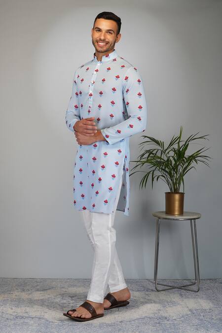 Eleven Brothers Blue Silk, Cotton Floral Bloom Print Kurta And Pant Set at Aza Fashions Eleven Brothers_Blue Silk, Cotton Floral Bloom Print Kurta And Pant Set _at_Aza_Fashions