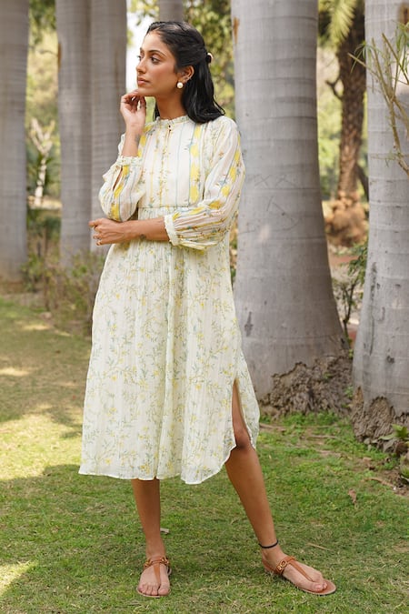 Dhaari_Off White Cotton, Silk Sequins, Embroidery Collared Hand Painted Gathered Dress _Online_at_Aza_Fashions