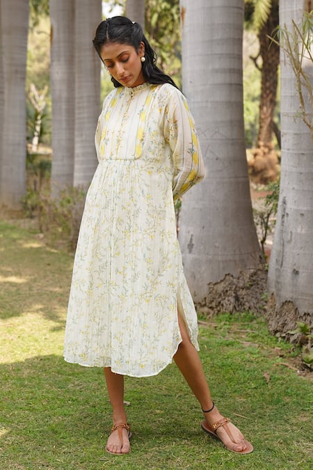 Buy_Dhaari_Off White Cotton, Silk Sequins, Embroidery Collared Hand Painted Gathered Dress _Online_at_Aza_Fashions
