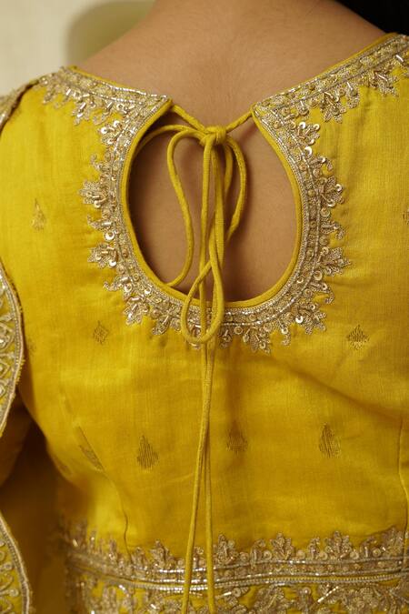 Rar Studio - Kids_Yellow Chanderi, Linen, Embellished Lehenga Set With Scalloped Border Dupatta_at_Aza_Fashions