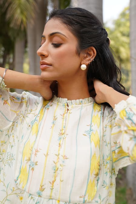 Shop_Dhaari_Off White Cotton, Silk Sequins, Embroidery Collared Hand Painted Gathered Dress _Online_at_Aza_Fashions