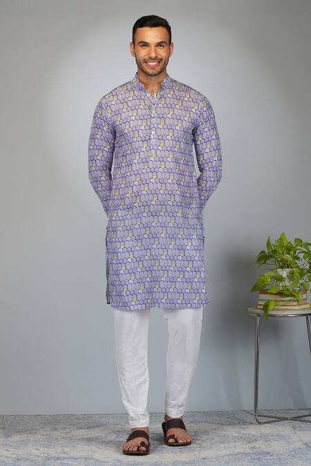 Eleven Brothers_Purple Silk, Cotton Embroidery Flower Motif Print Kurta And Pant Set _Online_at_Aza_Fashions