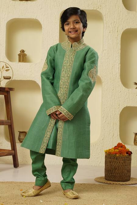 Rar Studio - Kids_Green Chanderi, Silk, Cotton Sequins, Dori Embroidered Quilted Sherwani Set_Online_at_Aza_Fashions
