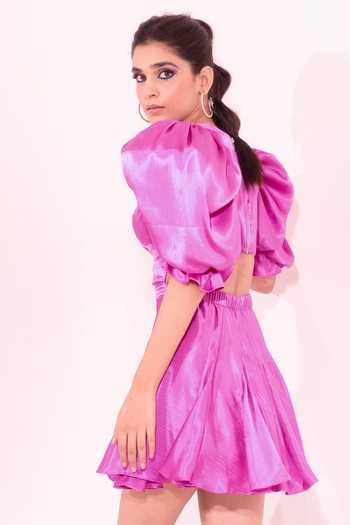 Buy SONAM PARMAR JHAWAR Pink Textured Silk Plain Round Madelyne Side Cut Out Dress Online at Aza Fashions Buy_SONAM PARMAR JHAWAR_Pink Textured Silk Plain Round Madelyne Side Cut Out Dress_Online_at_Aza_Fashions