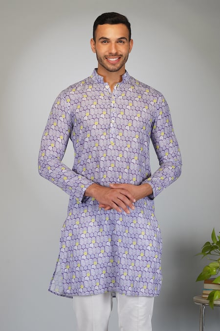 Buy_Eleven Brothers_Purple Silk, Cotton Embroidery Flower Motif Print Kurta And Pant Set _Online_at_Aza_Fashions