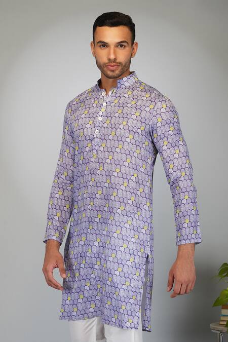 Shop_Eleven Brothers_Purple Silk, Cotton Embroidery Flower Motif Print Kurta And Pant Set _Online_at_Aza_Fashions