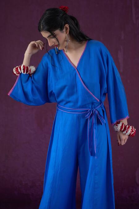 Kacha Tanka Blue Cotton Satin Threadwork V Neck Wrap Style Jumpsuit Online at Aza Fashions Kacha Tanka_Blue Cotton Satin Threadwork V Neck Wrap Style Jumpsuit _Online_at_Aza_Fashions