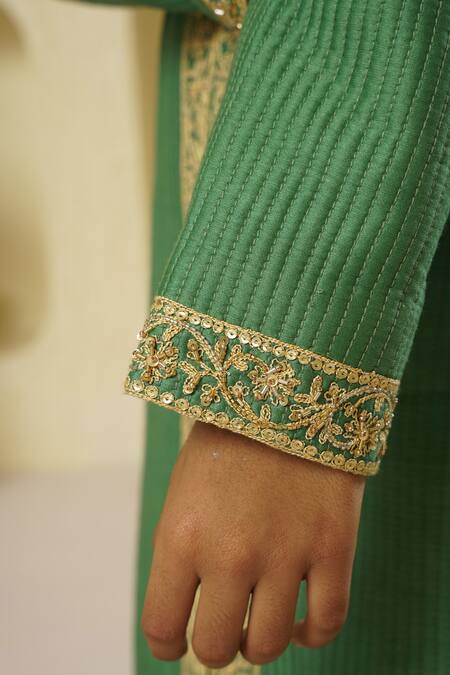Shop_Rar Studio - Kids_Green Chanderi, Silk, Cotton Sequins, Dori Embroidered Quilted Sherwani Set_Online_at_Aza_Fashions