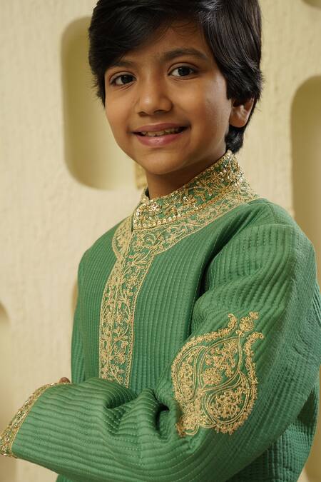 Rar Studio - Kids_Green Chanderi, Silk, Cotton Sequins, Dori Embroidered Quilted Sherwani Set_at_Aza_Fashions
