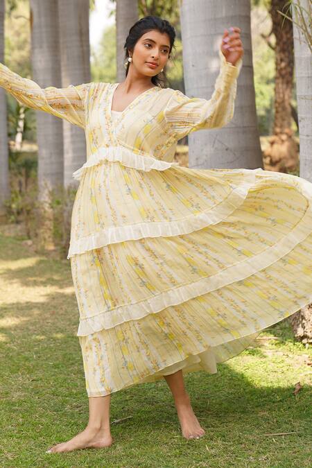 Dhaari_Yellow Cotton, Silk Embroidery V-neck, Square Floral Stripe Pattern Tiered Dress _Online_at_Aza_Fashions