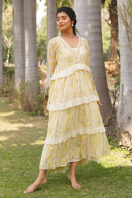 Buy_Dhaari_Yellow Cotton, Silk Embroidery V-neck, Square Floral Stripe Pattern Tiered Dress _Online_at_Aza_Fashions