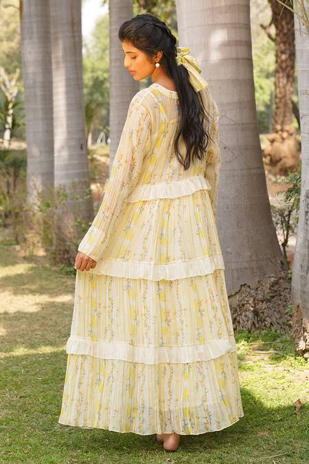 Shop_Dhaari_Yellow Cotton, Silk Embroidery V-neck, Square Floral Stripe Pattern Tiered Dress _Online_at_Aza_Fashions