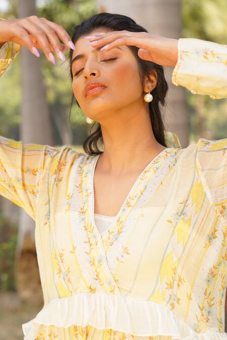 Dhaari_Yellow Cotton, Silk Embroidery V-neck, Square Floral Stripe Pattern Tiered Dress _at_Aza_Fashions