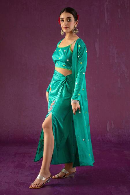 Buy Kacha Tanka Green Cotton Satin Applique Floral Square Mirror Embellished Jacket Skirt Set Online at Aza Fashions Buy_Kacha Tanka_Green Cotton Satin Applique Floral Square Mirror Embellished Jacket Skirt Set _Online_at_Aza_Fashions