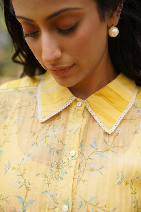 Shop_Dhaari_Yellow Handloom Cotton, Silk Embroidery Collared Floral Pattern Painted Shirt _Online_at_Aza_Fashions