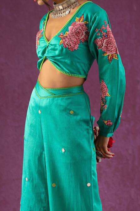Kacha Tanka Green Cotton Satin Applique Floral V Rose Pattern Front Knot Top And Palazzo Set Online at Aza Fashions Kacha Tanka_Green Cotton Satin Applique Floral V Rose Pattern Front Knot Top And Palazzo Set _Online_at_Aza_Fashions