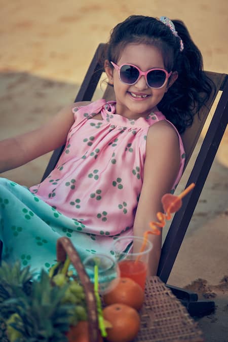 Little Luxury Pink Viscose, Linen Halterneck Polka Dot Print Dress Online at Aza Fashions Little Luxury_Pink Viscose, Linen Halterneck Polka Dot Print Dress _Online_at_Aza_Fashions