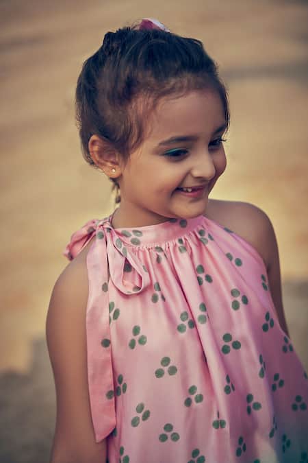 Little Luxury Pink Viscose, Linen Halterneck Polka Dot Print Dress at Aza Fashions Little Luxury_Pink Viscose, Linen Halterneck Polka Dot Print Dress _at_Aza_Fashions