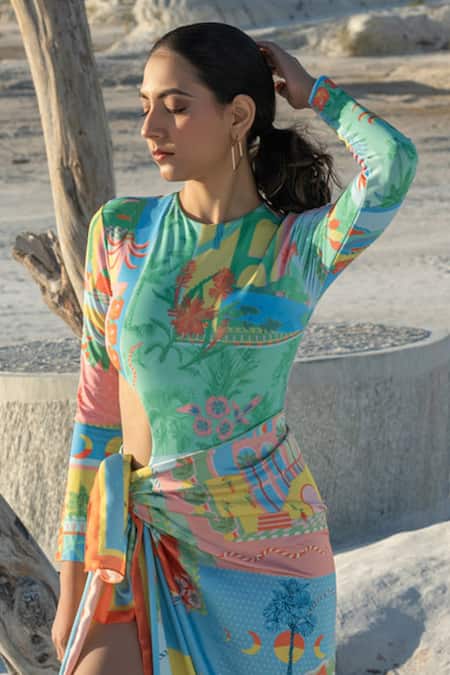 Tizzi Blue Beach Bum Printed Sarong Online at Aza Fashions Tizzi_Blue Beach Bum Printed Sarong_Online_at_Aza_Fashions