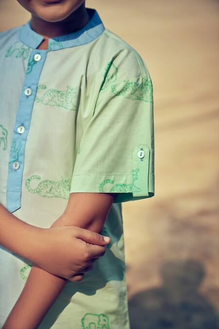 Little Luxury Blue Poplin Animal Print Kurta Online at Aza Fashions Little Luxury_Blue Poplin Animal Print Kurta _Online_at_Aza_Fashions