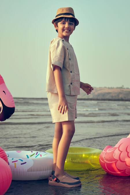 Little Luxury Beige Linen Side Button Placket Shirt Online at Aza Fashions Little Luxury_Beige Linen Side Button Placket Shirt _Online_at_Aza_Fashions