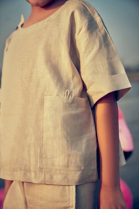 Buy Little Luxury Beige Linen Side Button Placket Shirt Online at Aza Fashions Buy_Little Luxury_Beige Linen Side Button Placket Shirt _Online_at_Aza_Fashions