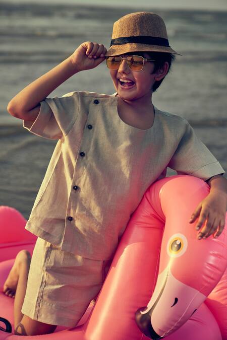 Shop Little Luxury Beige Linen Side Button Placket Shirt Online at Aza Fashions Shop_Little Luxury_Beige Linen Side Button Placket Shirt _Online_at_Aza_Fashions