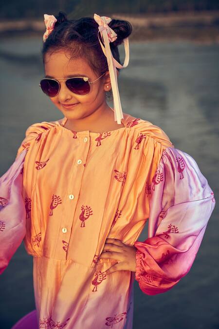 Little Luxury Peach Viscose, Velvet Embroidery Bird Print Ombre Jumpsuit Online at Aza Fashions Little Luxury_Peach Viscose, Velvet Embroidery Bird Print Ombre Jumpsuit _Online_at_Aza_Fashions