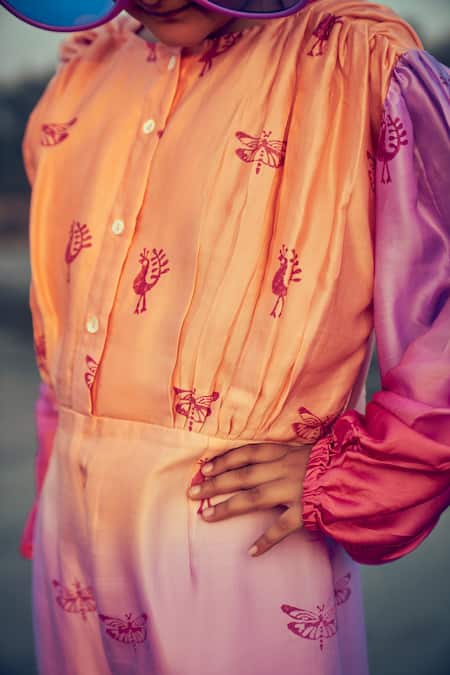 Shop Little Luxury Peach Viscose, Velvet Embroidery Bird Print Ombre Jumpsuit Online at Aza Fashions Shop_Little Luxury_Peach Viscose, Velvet Embroidery Bird Print Ombre Jumpsuit _Online_at_Aza_Fashions