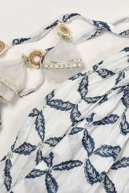 Yuvraani Jaipur_Blue Muslin, Linen, Net Gota Patti, Tassels Leaf Print Lehenga Set _Online_at_Aza_Fashions