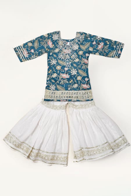 Buy_Yuvraani Jaipur_Blue Cotton, Net Gota Patti, Embroidery, Tassels Floral Print Kurta Sharara Set _Online_at_Aza_Fashions
