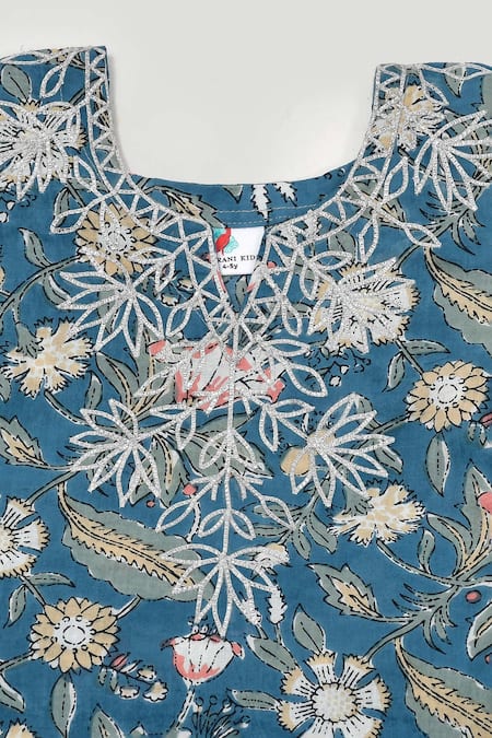 Shop_Yuvraani Jaipur_Blue Cotton, Net Gota Patti, Embroidery, Tassels Floral Print Kurta Sharara Set _Online_at_Aza_Fashions