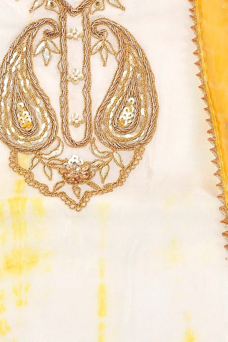 Buy_Yuvraani Jaipur_Yellow Silk, Net Embroidery, Tassels, Lace, Shibori Pattern Blouse Lehenga Set _Online_at_Aza_Fashions