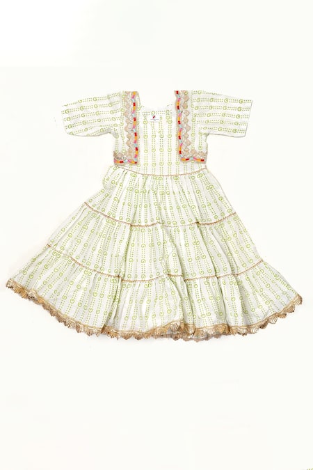 Yuvraani Jaipur_Green Cotton, Net, Satin Gota Patti, Tassels Stripe Print Anarkali Set _Online_at_Aza_Fashions