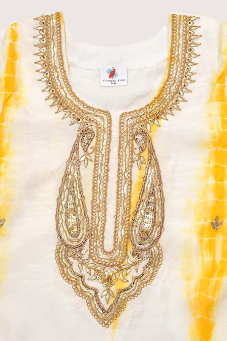 Shop_Yuvraani Jaipur_Yellow Silk, Net Embroidery, Tassels, Lace, Shibori Pattern Blouse Lehenga Set _Online_at_Aza_Fashions